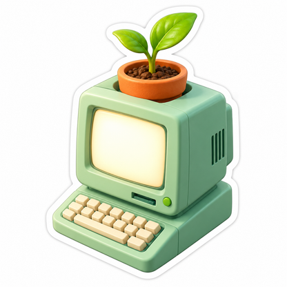 Mint Retro Computer with Potted Green Sprout Vinyl Decal Stickers