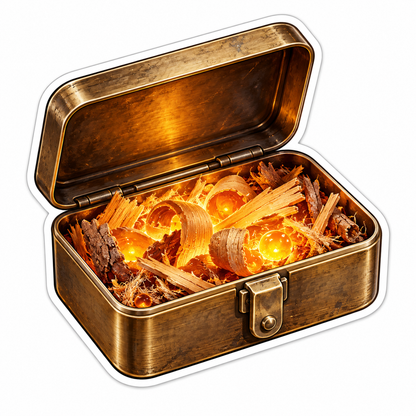 Brass Tinder Box with Glowing Wood Shavings Vinyl Decal Stickers