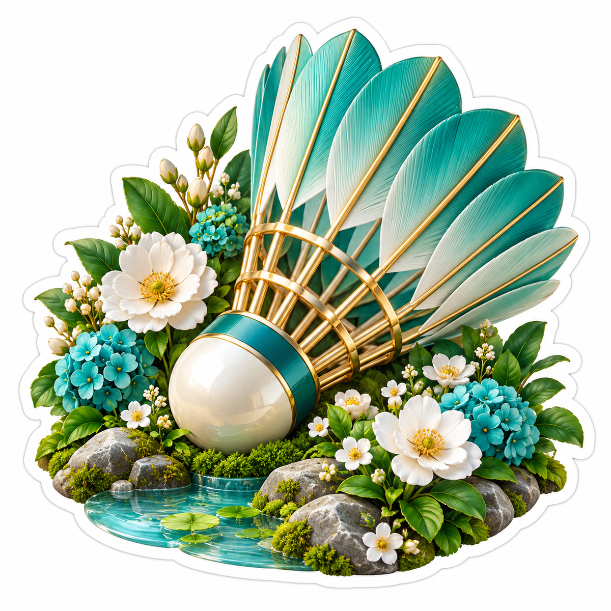 Teal Feather Shuttlecock With White Flowers Art Vinyl Decal Stickers