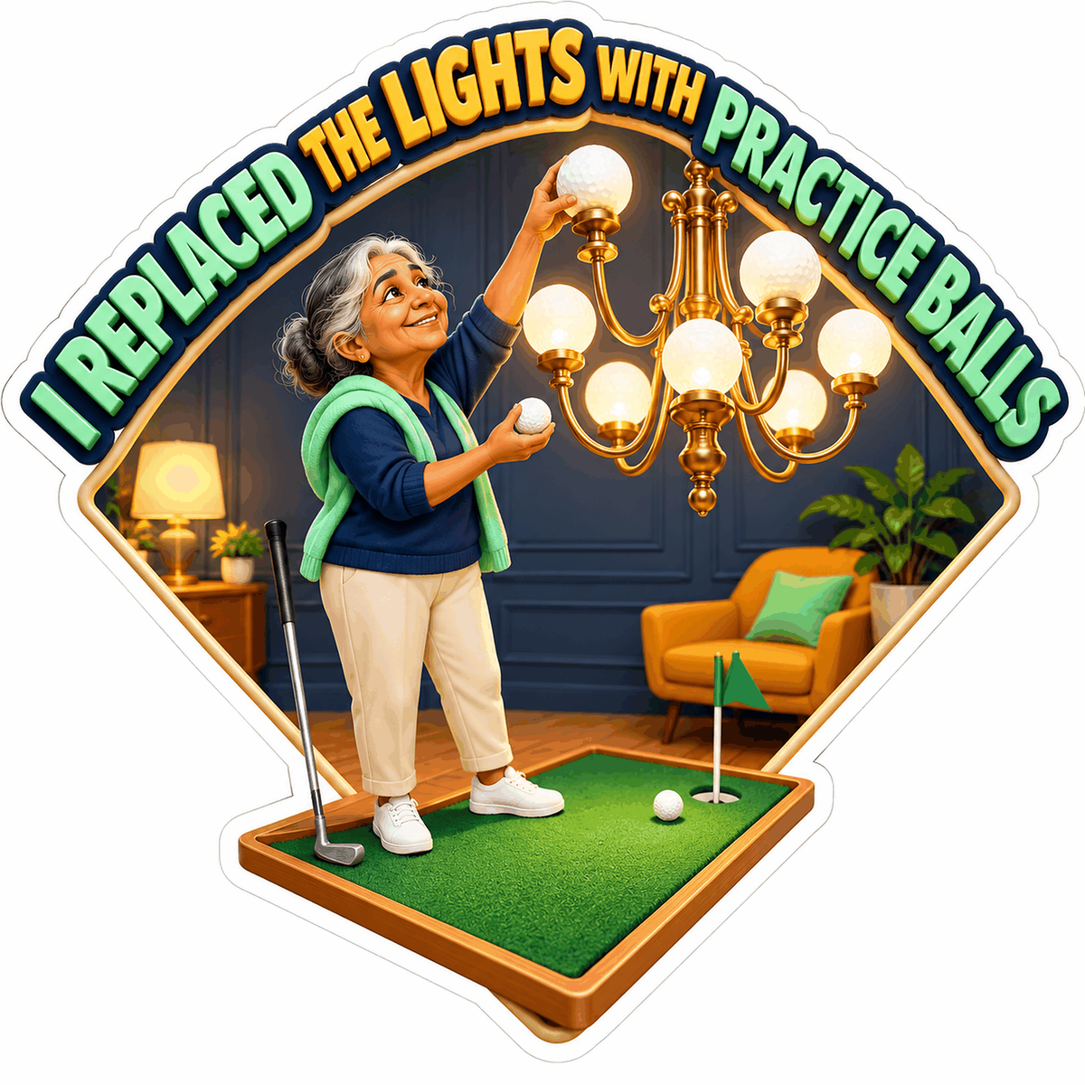 Woman Hanging Golf Balls From Chandelier Art Vinyl Decal Stickers