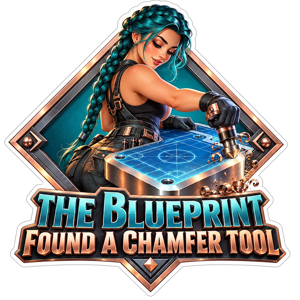 Teal Braided Woman Beveling a Blue Metal Plan Vinyl Decal Stickers