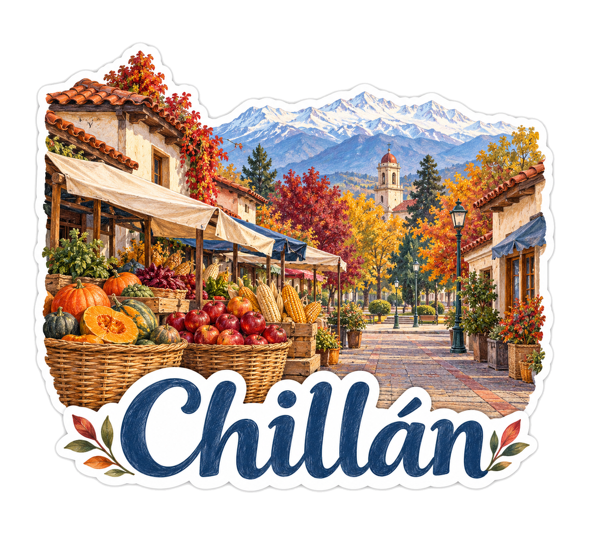 Chillan Autumn Produce Market and Mountains Vinyl Decal Stickers