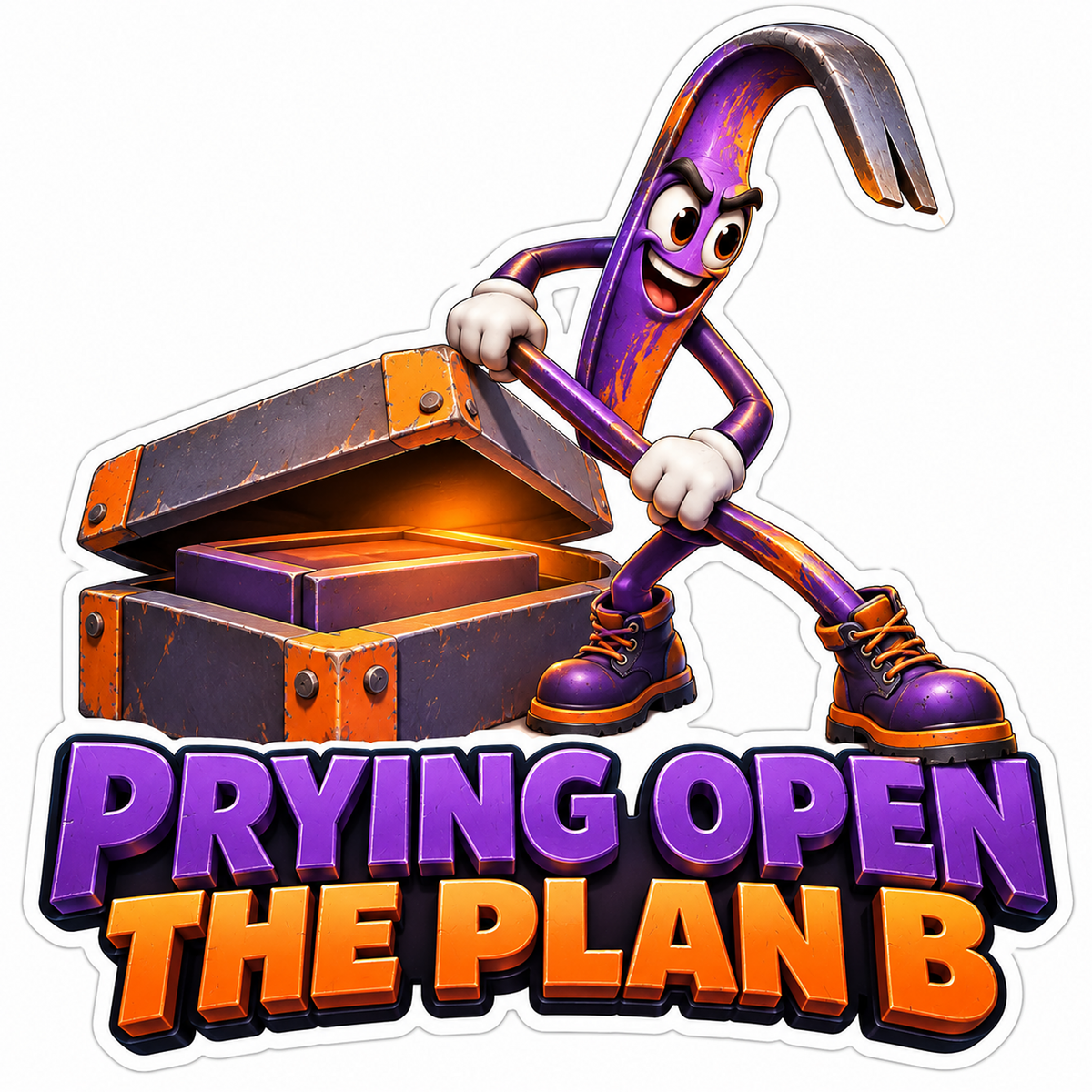 Purple Crowbar Character Opening a Wooden Box Vinyl Decal Stickers