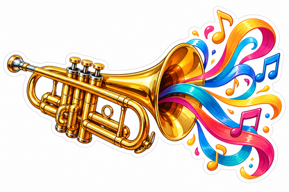 Gold Trumpet with Colorful Music Swirls Vinyl Decal Stickers