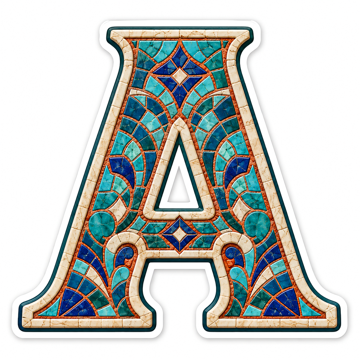 Turquoise Mosaic Letter A with Cream Edge Art Vinyl Decal Stickers