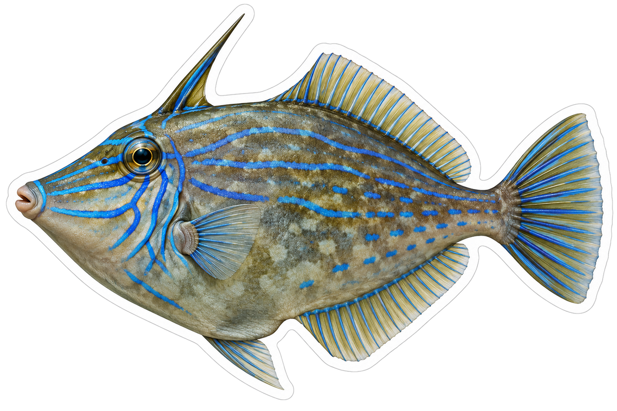 Olive Filefish with Blue Lines and Tall Horn Art Vinyl Decal Stickers