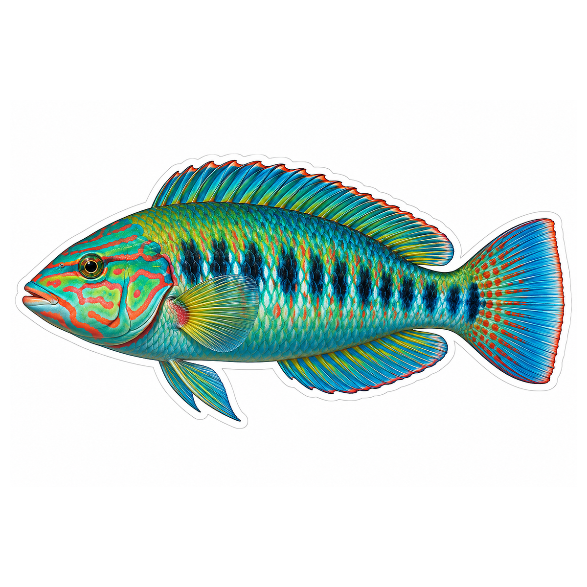 Green Wrasse with Coral Face Lines Vinyl Decal Stickers