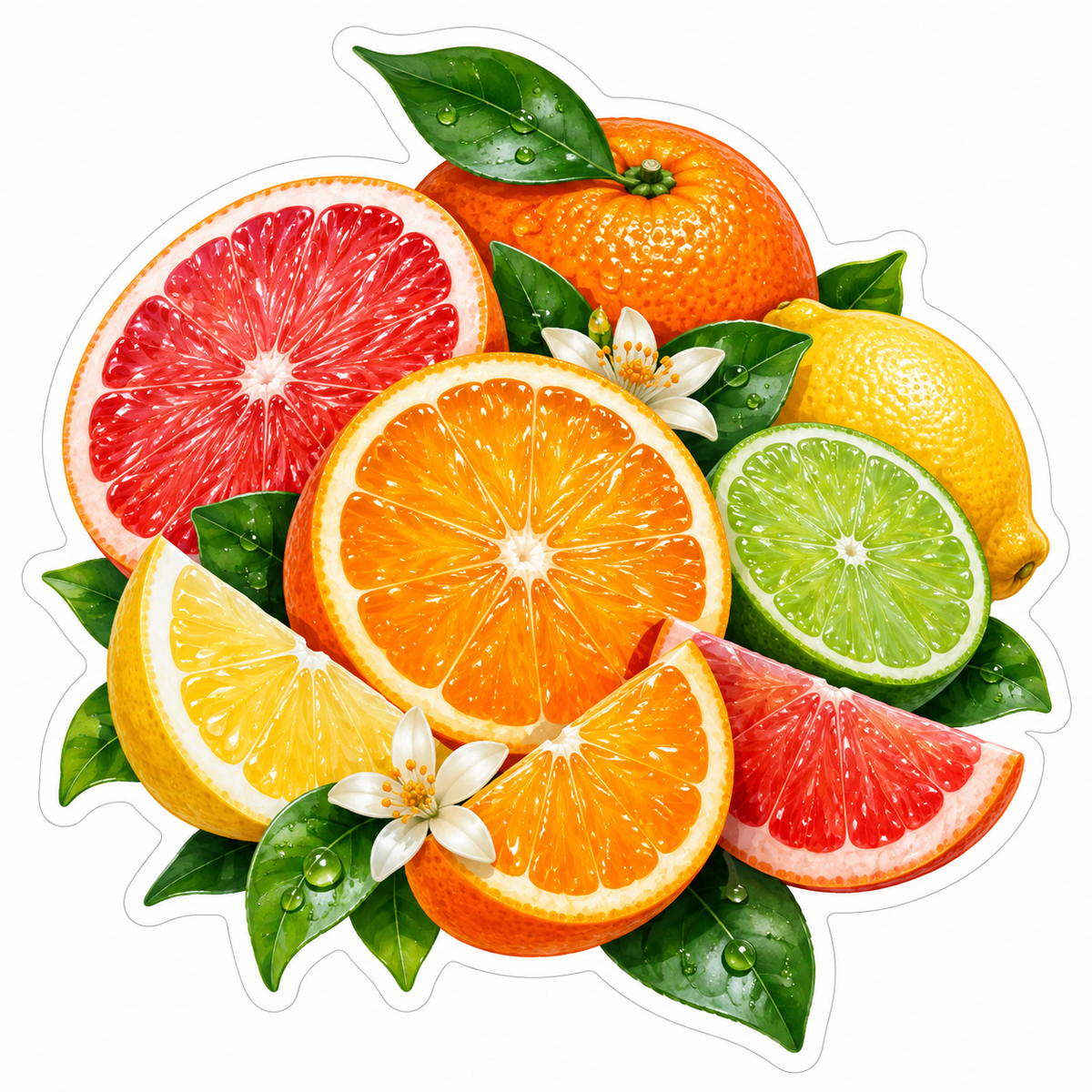 Colorful Citrus Slices and White Blossoms Vinyl Decal Stickers