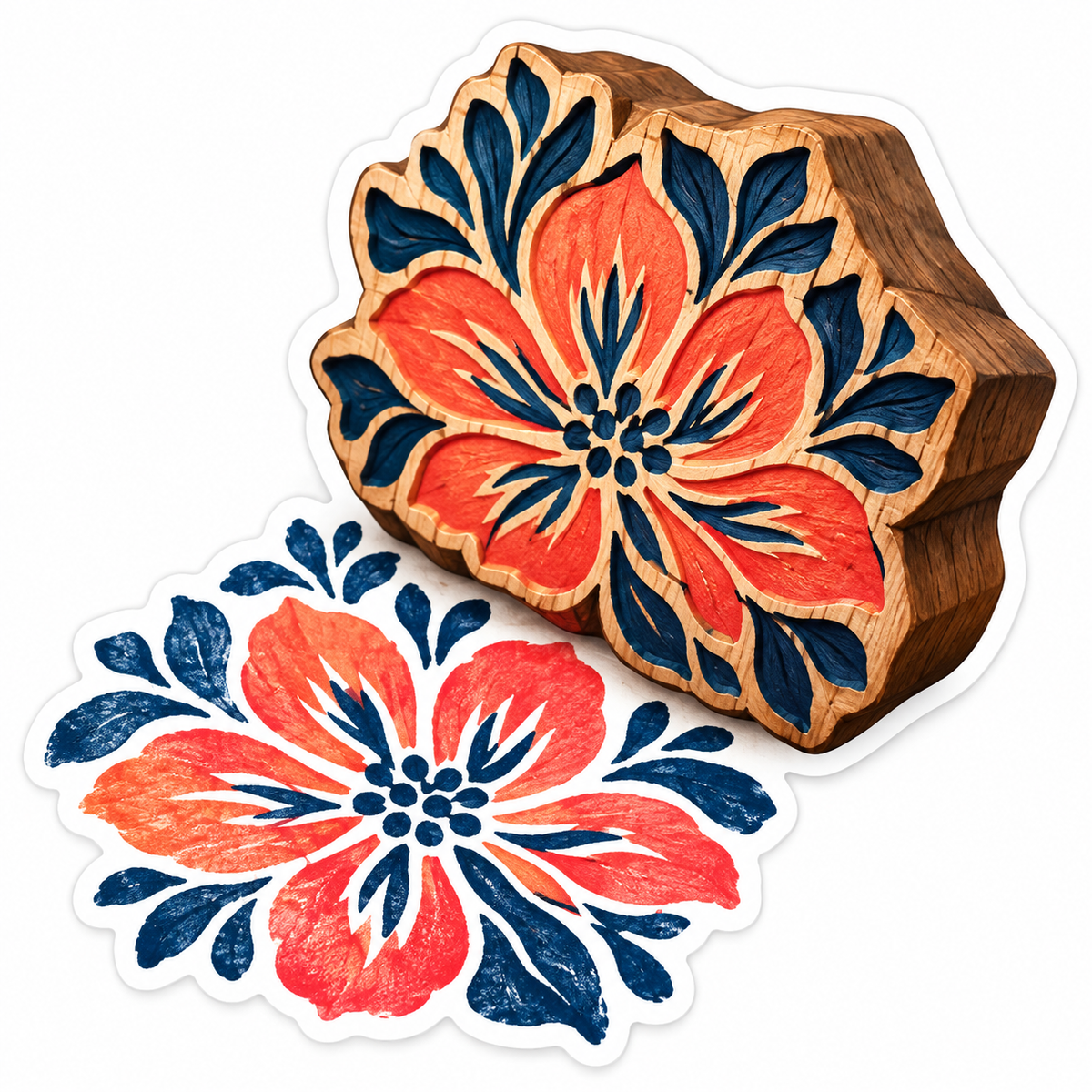 Red Blue Floral Wood Printing Block Vinyl Decal Stickers