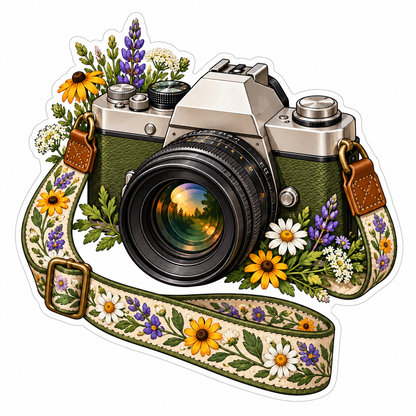 Vintage Camera with Wildflower Strap Vinyl Decal Stickers