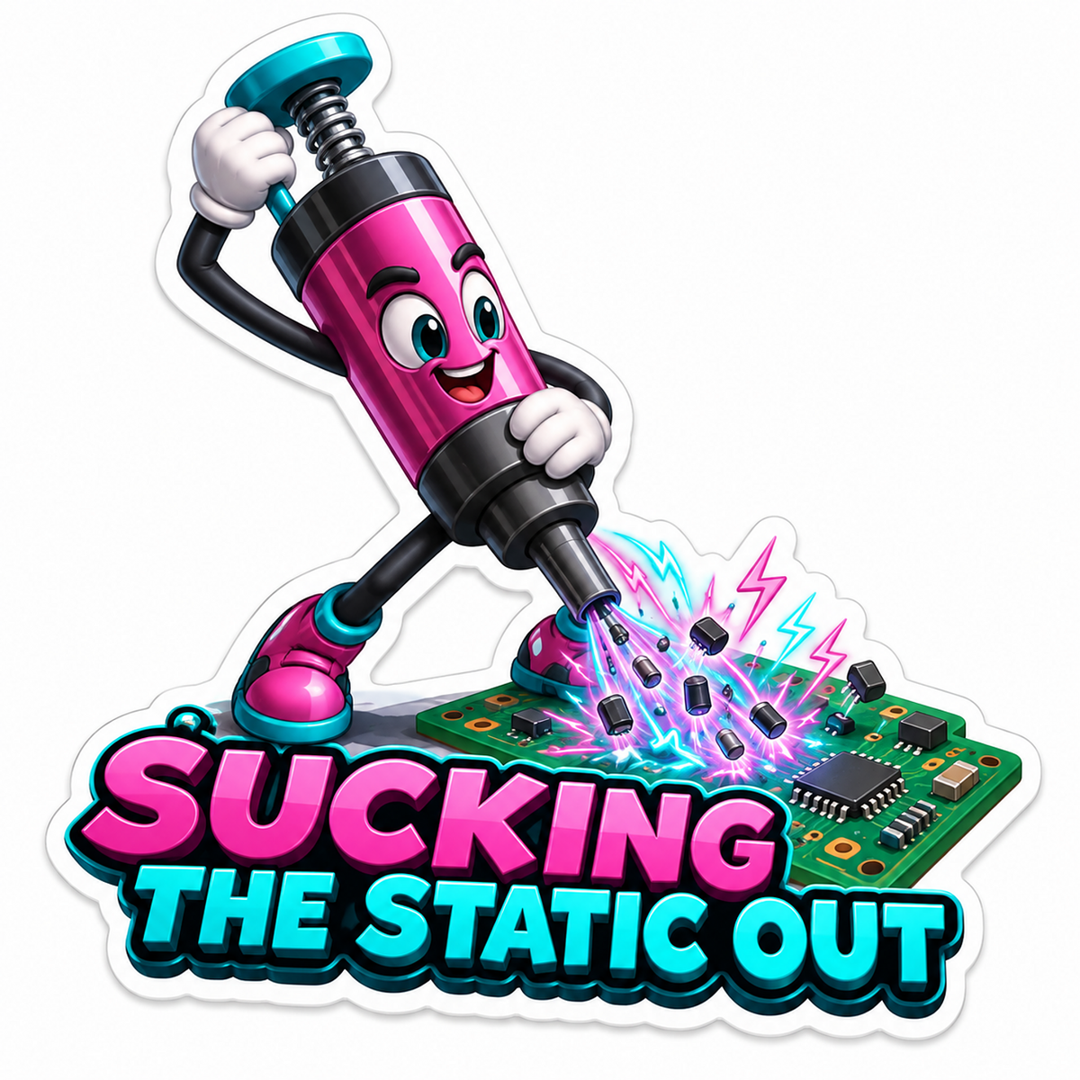 Pink Desoldering Pump Mascot over Circuit Board Vinyl Decal Stickers