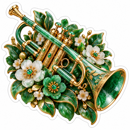 Green Gold Trumpet With White Flower Vines Art Vinyl Decal Stickers