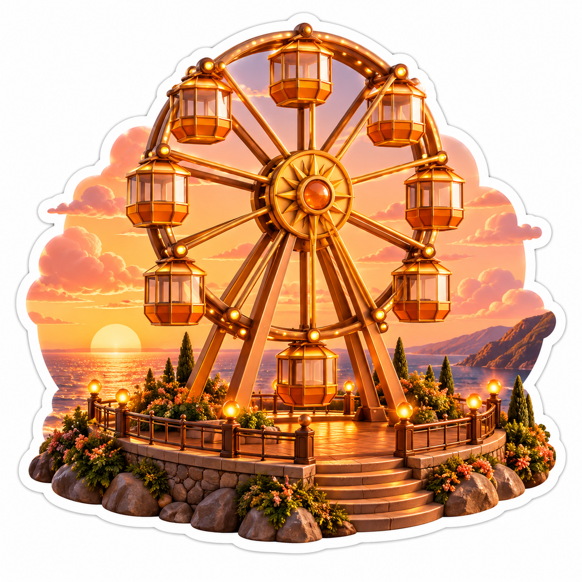 Golden Ferris Wheel Above Seaside Sunset Art Vinyl Decal Stickers