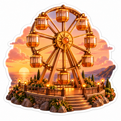 Golden Ferris Wheel Above Seaside Sunset Art Vinyl Decal Stickers