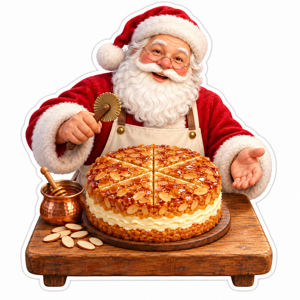 Santa Slicing a Golden Almond Cream Cake Vinyl Decal Stickers