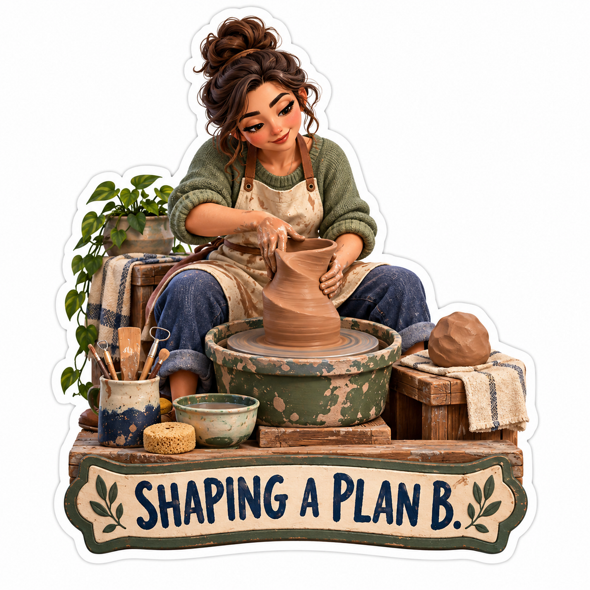 Woman Shaping Clay Pot Art Vinyl Decal Stickers