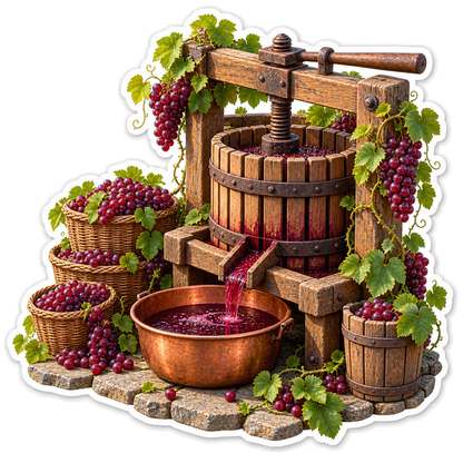 Wooden Grape Press with Baskets and Vines Vinyl Decal Stickers