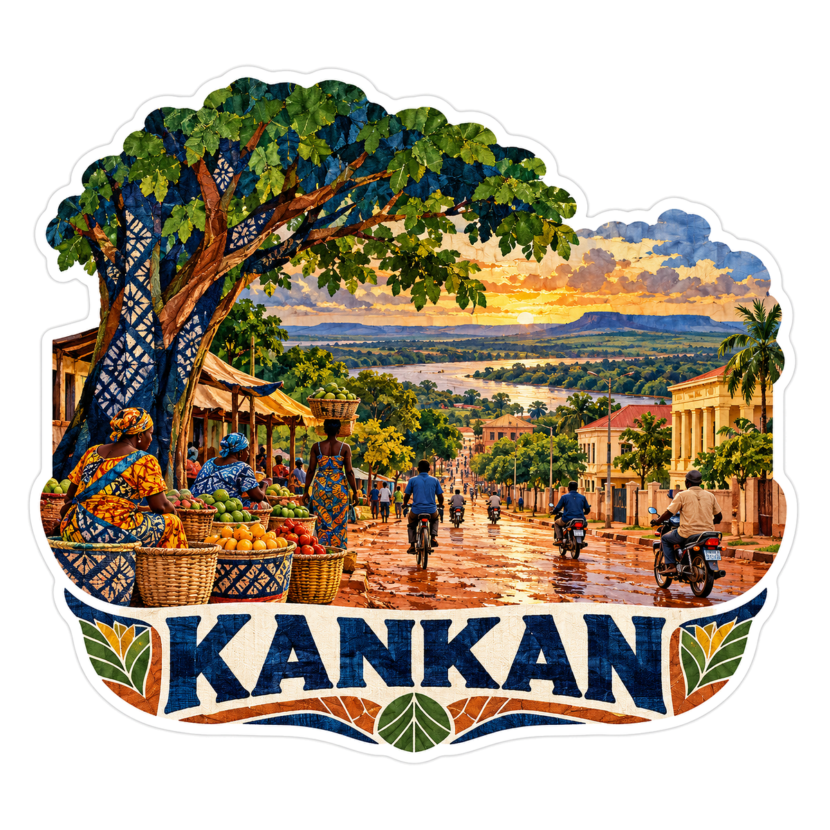 Kankan Market Street Under Leafy Tree Art Vinyl Decal Stickers