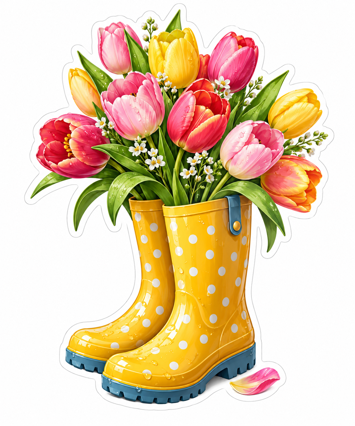 Pink Yellow Tulips in Polka Dot Rain Boots Vinyl Decal Stickers