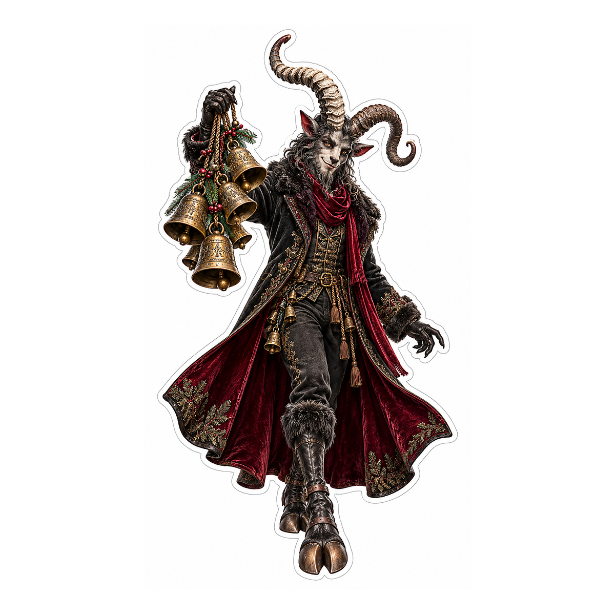 Horned Figure in Red Lined Coat with Bells Art Vinyl Decal Stickers