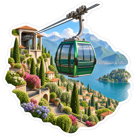 Green Cable Car Over Mountain Lake Village Art Vinyl Decal Stickers