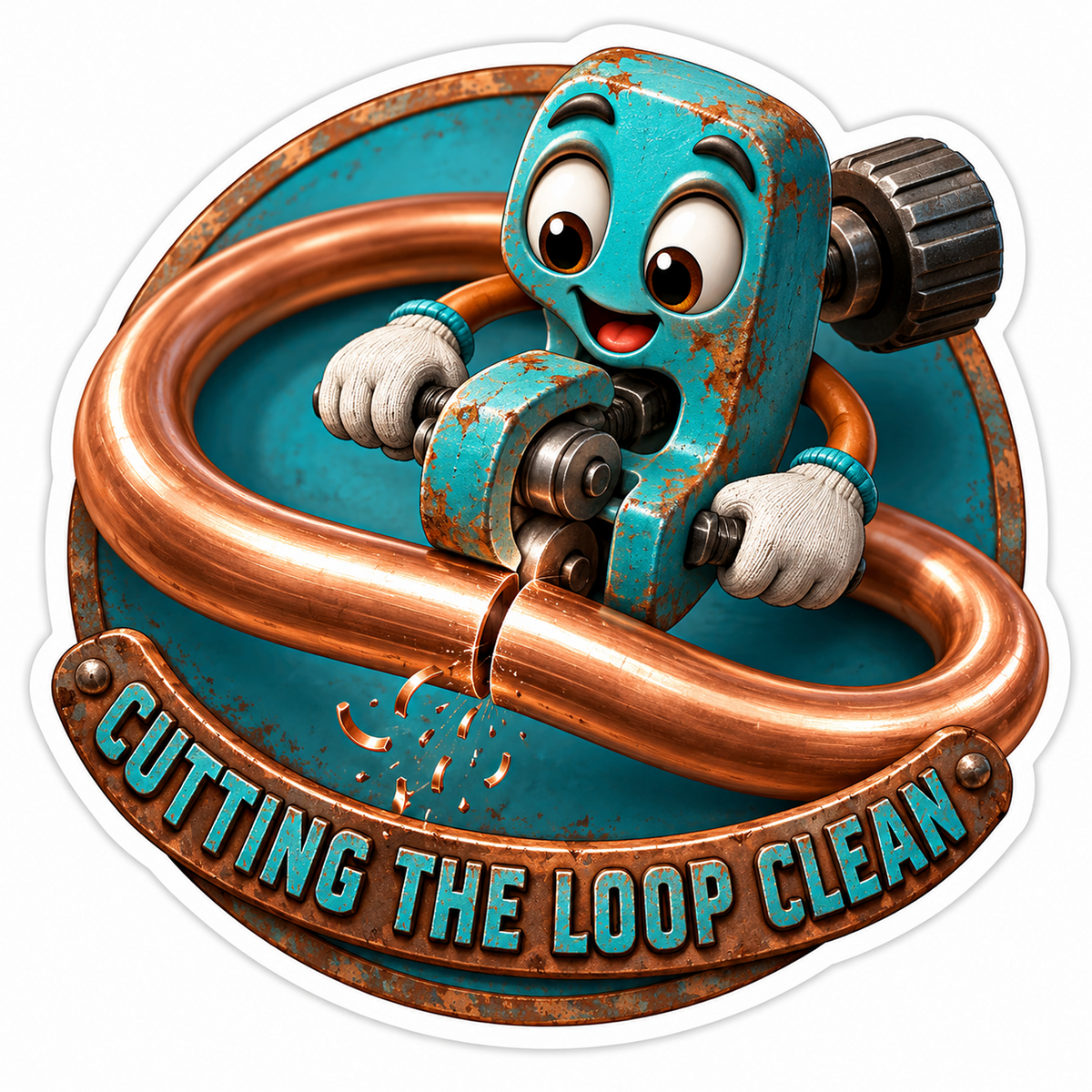 Teal Pipe Cutter Mascot Cutting Copper Loop Vinyl Decal Stickers