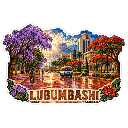 Lubumbashi Rainy Avenue and Flowering Trees Art Vinyl Decal Stickers