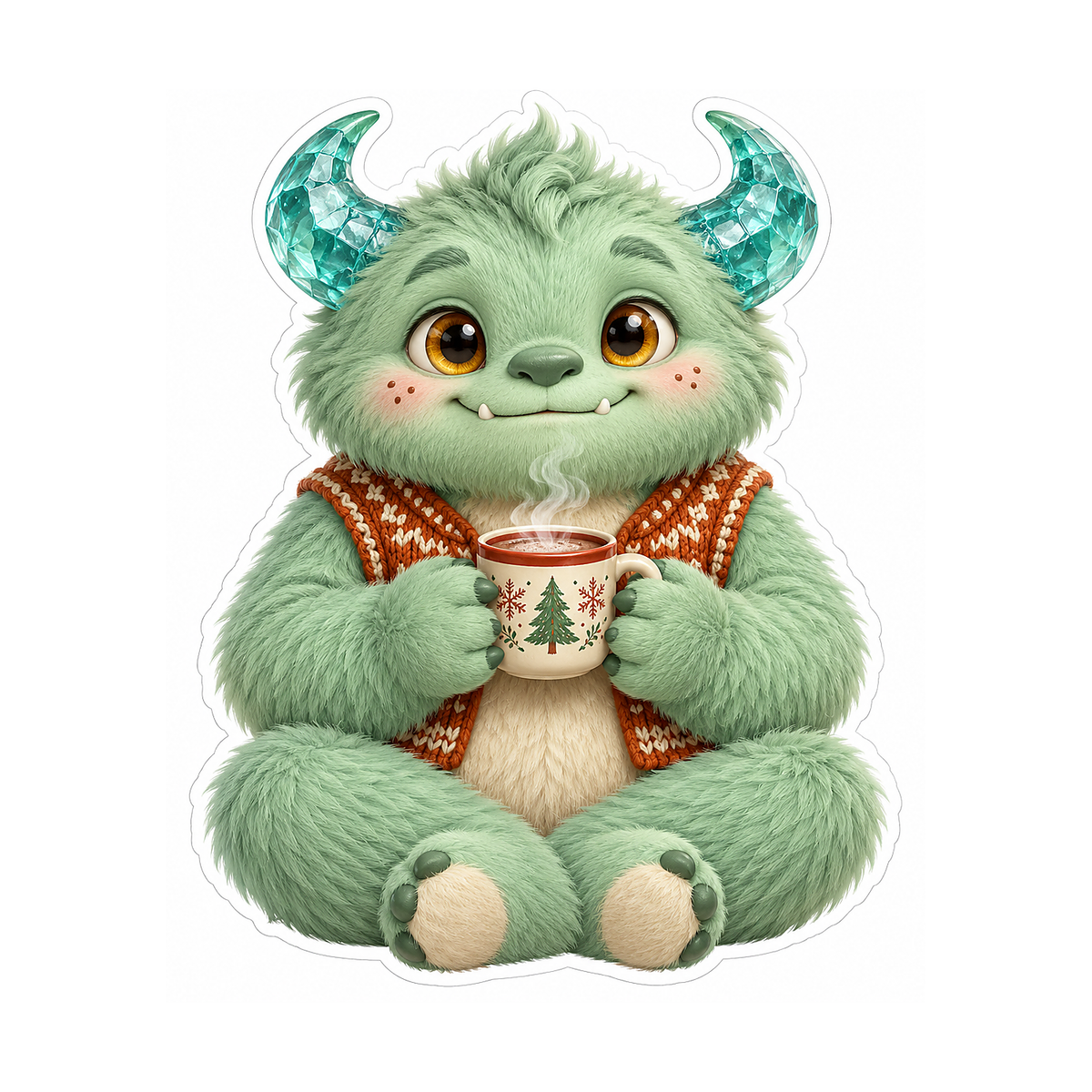Mint Horned Monster Holding a Mug Vinyl Decal Stickers