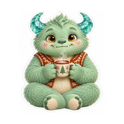 Mint Horned Monster Holding a Mug Vinyl Decal Stickers