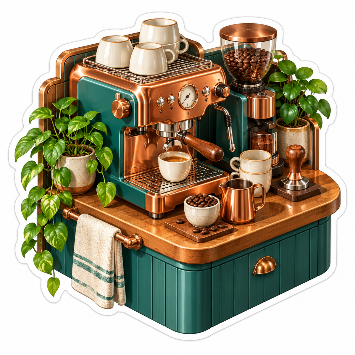 Copper Coffee Station With Green Plants Art Vinyl Decal Stickers