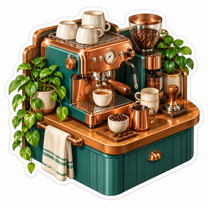 Copper Coffee Station With Green Plants Art Vinyl Decal Stickers