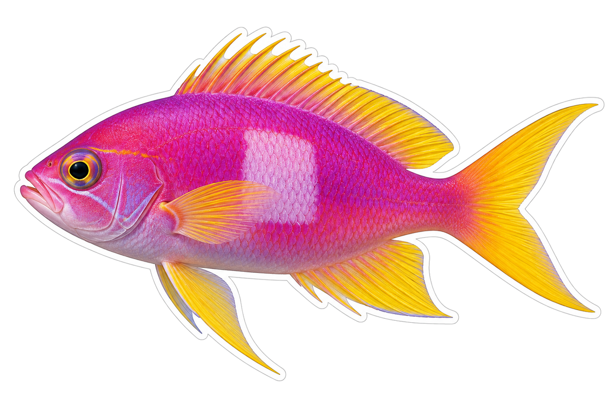 Pink Fish with Square Patch and Yellow Tail Art Vinyl Decal Stickers