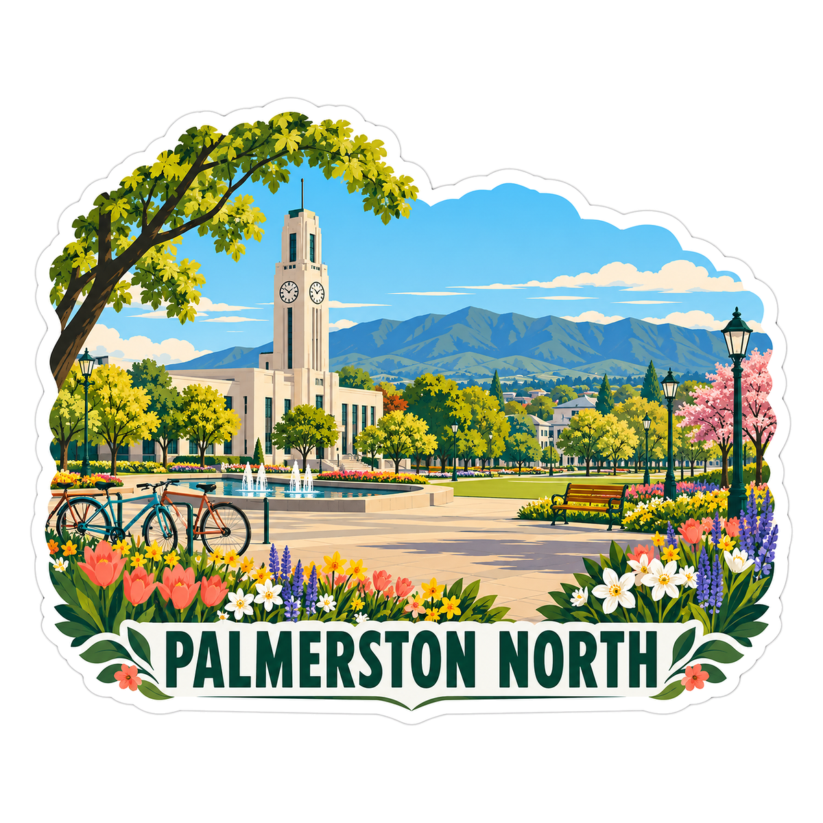 Palmerston North Clock Tower Flower Garden Vinyl Decal Stickers