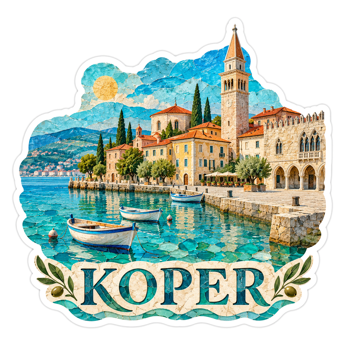 Koper Harbor Boats and Waterfront Tower Art Vinyl Decal Stickers