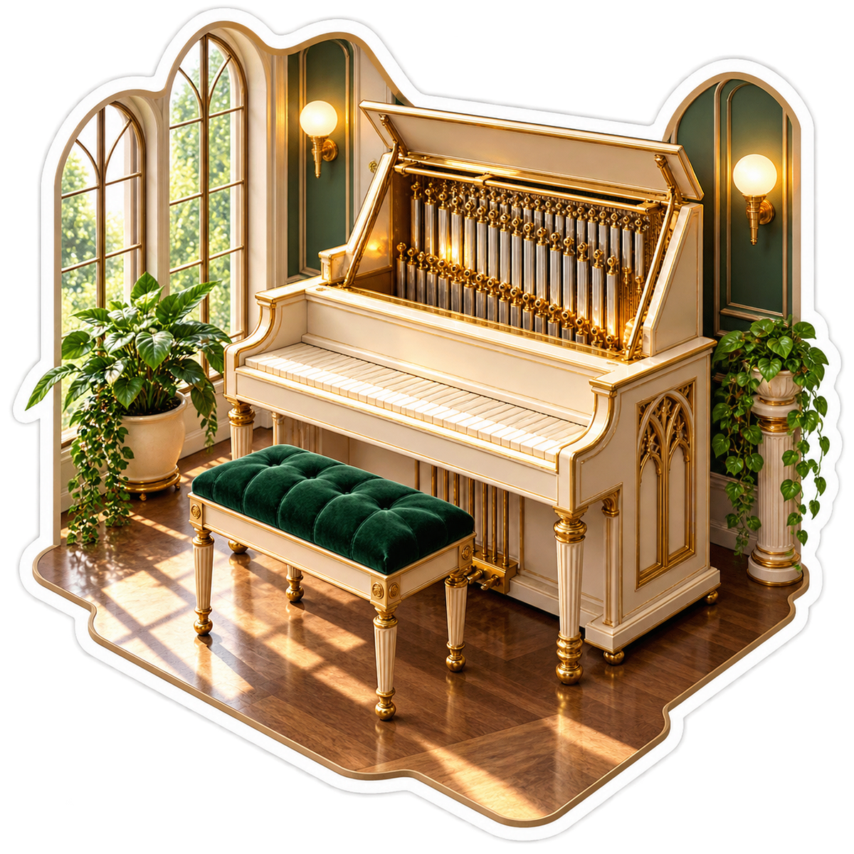 Cream Celesta beside Green Velvet Bench Vinyl Decal Stickers