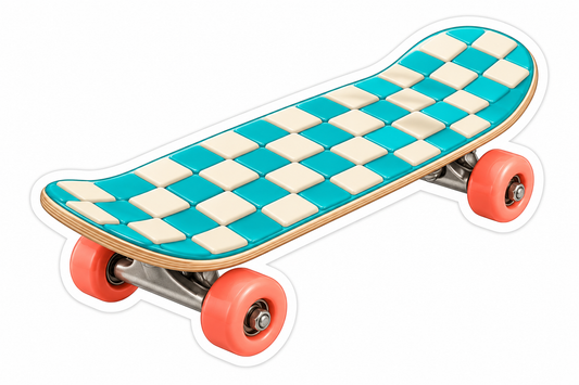 Teal Checkered Skateboard with Coral Wheels Vinyl Decal Stickers