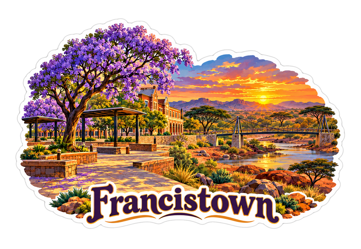 Francistown Purple Tree Plaza Sunset Art Vinyl Decal Stickers
