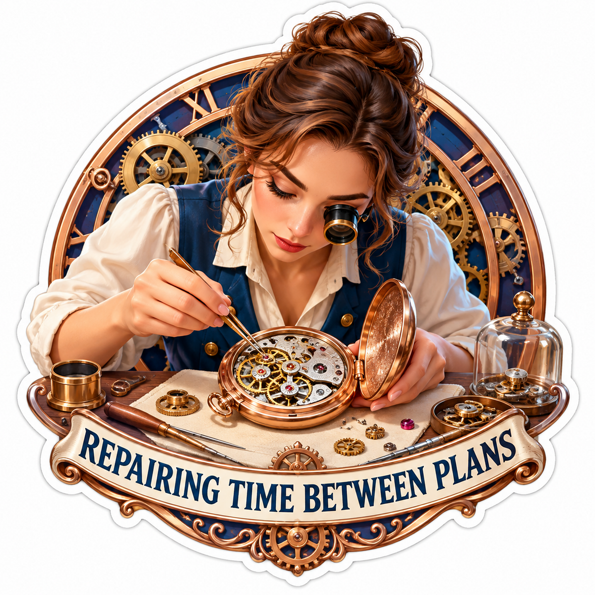 Watchmaker Repairing an Open Golden Pocket Watch Vinyl Decal Stickers