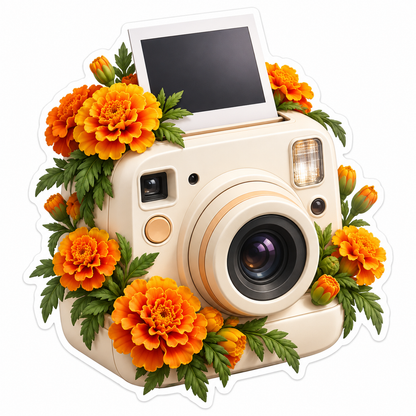 Cream Instant Camera with Orange Marigolds Vinyl Decal Stickers