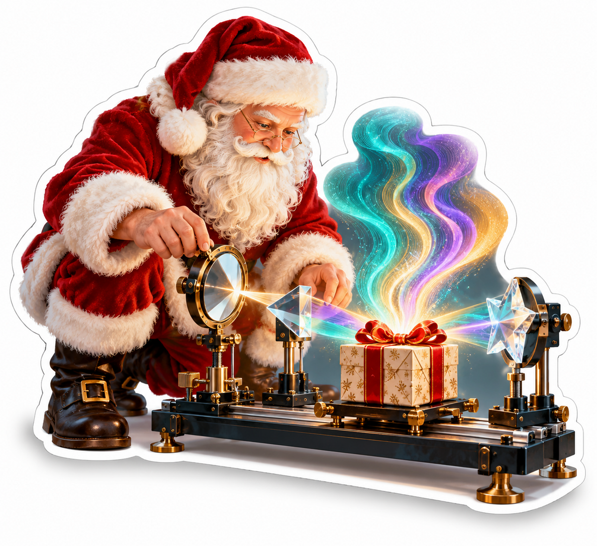 Santa Aligning Prisms over a Glowing Gift Vinyl Decal Stickers