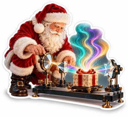 Santa Aligning Prisms over a Glowing Gift Vinyl Decal Stickers