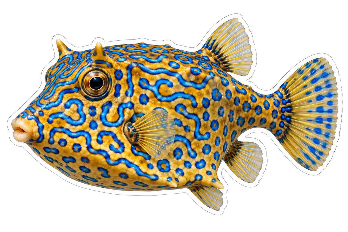 Gold Boxfish with Blue Maze Pattern Vinyl Decal Stickers