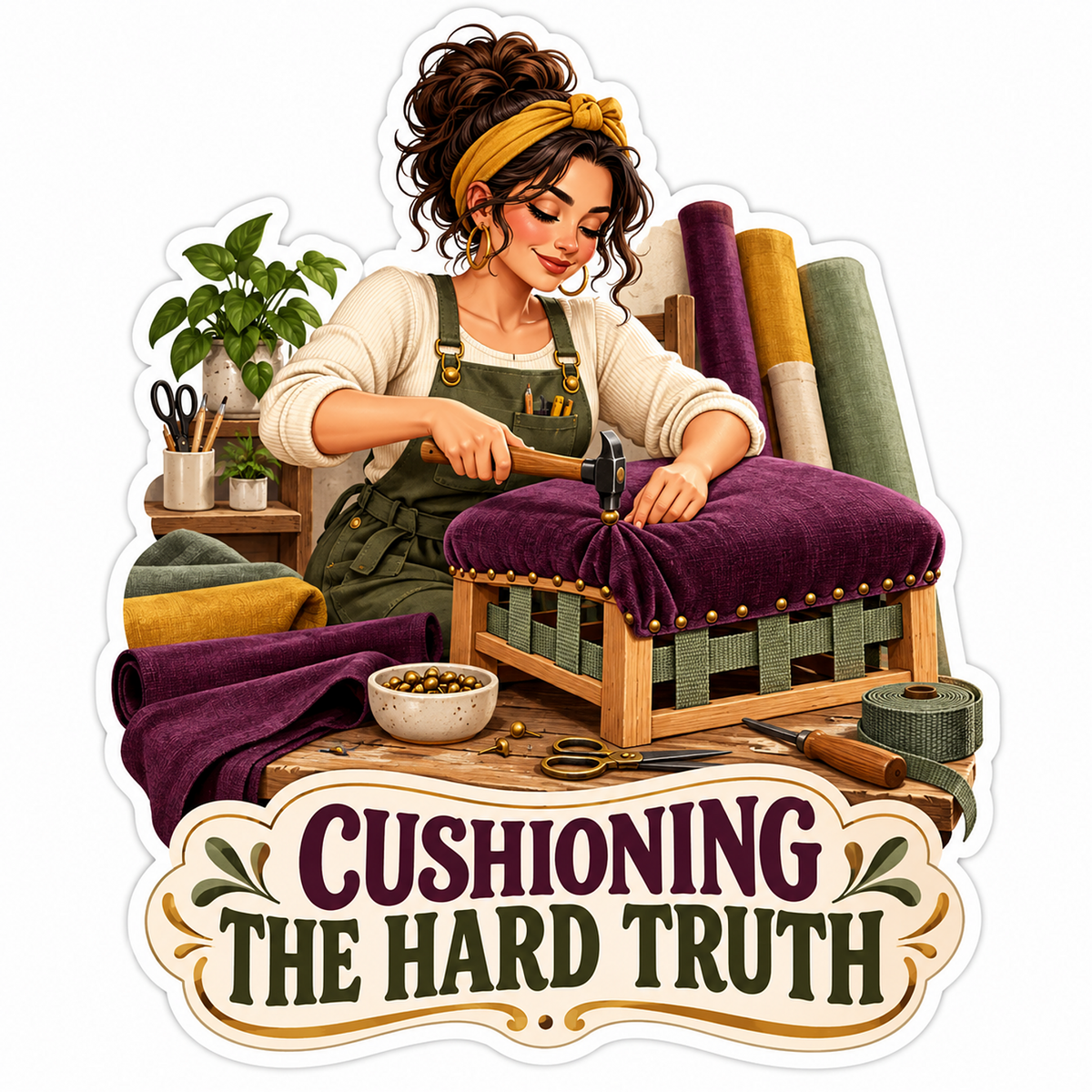 Woman Upholstering Purple Seat with Gold Tacks Vinyl Decal Stickers