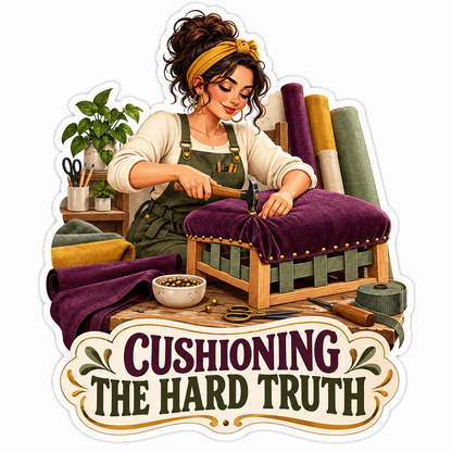 Woman Upholstering Purple Seat with Gold Tacks Vinyl Decal Stickers
