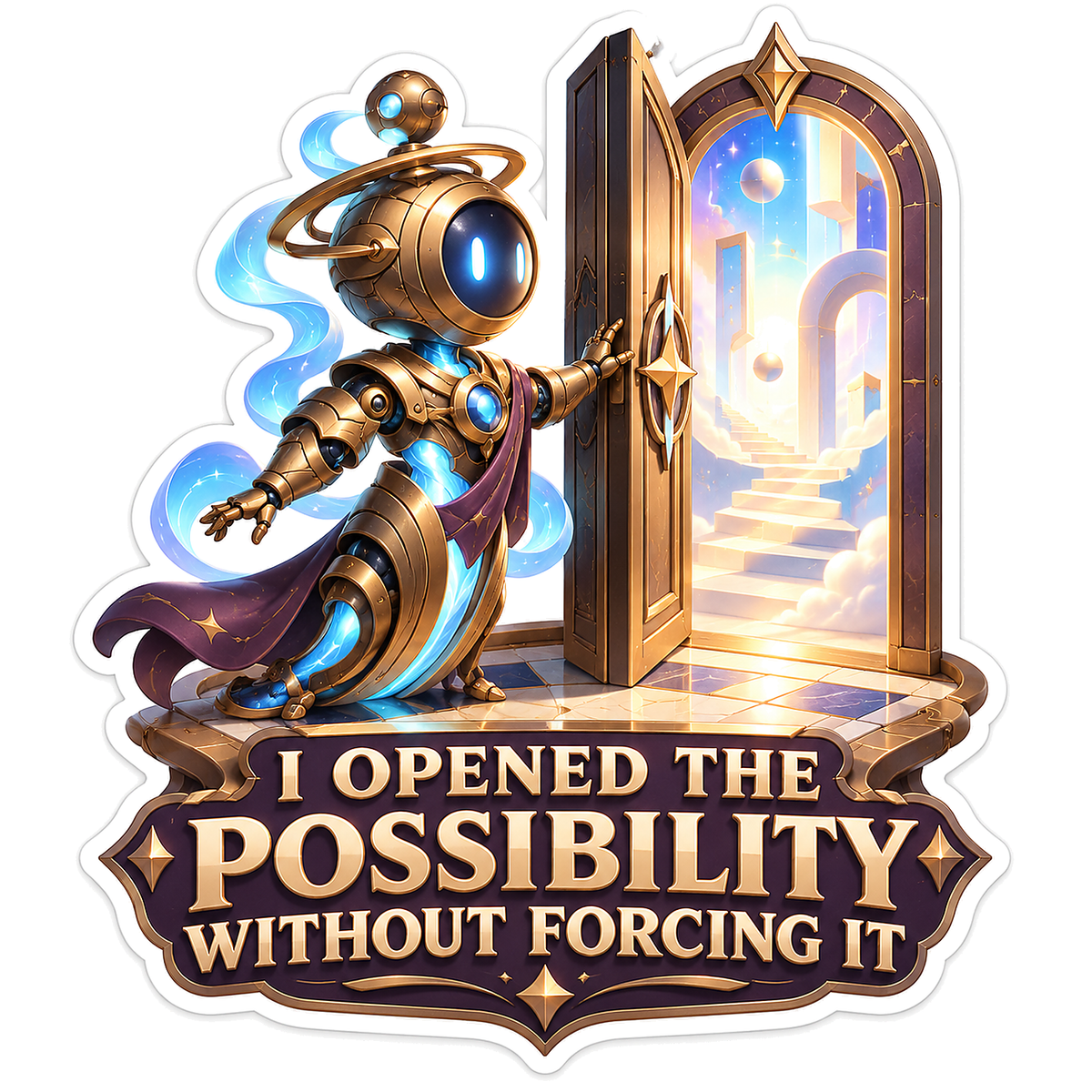 Golden Robot Opening a Glowing Doorway Vinyl Decal Stickers