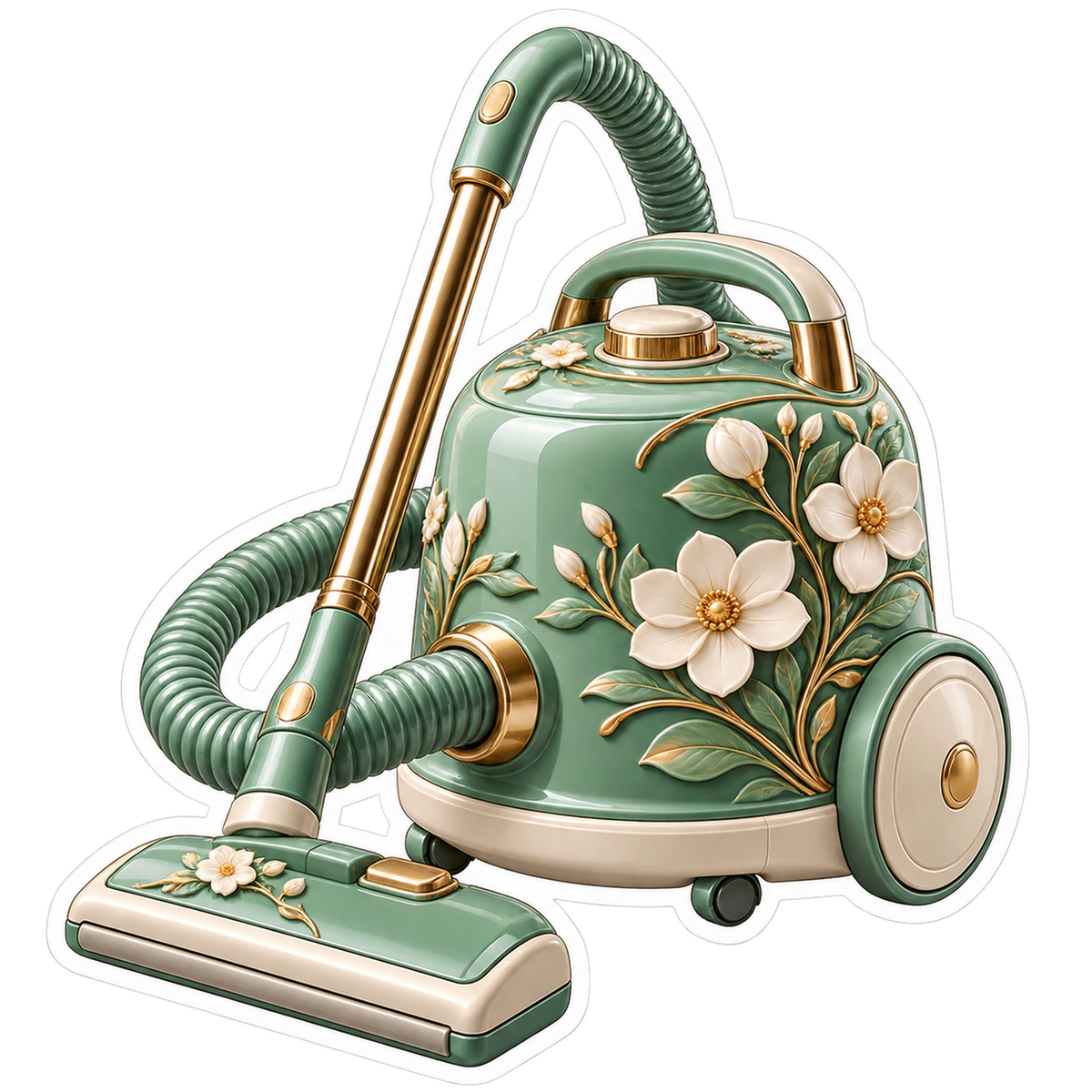 Sage Vacuum Cleaner With Cream Flower Relief Art Vinyl Decal Stickers