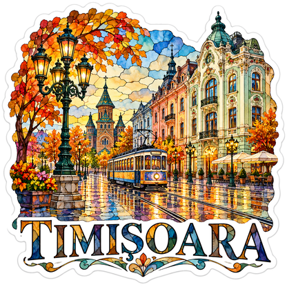 Timisoara Autumn Tram Stained Glass Scene Vinyl Decal Stickers