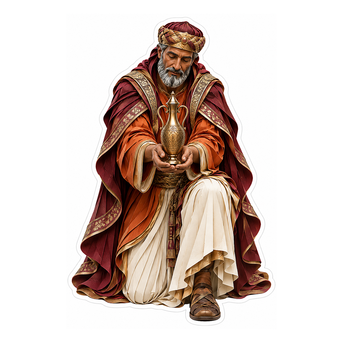 Kneeling Burgundy Wise Man Holding Gold Urn Art Vinyl Decal Stickers