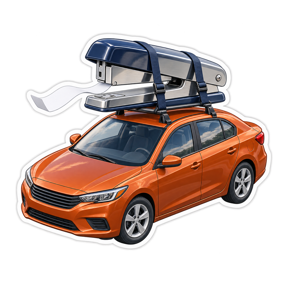 Orange Sedan with Rooftop Stapler Art Vinyl Decal Stickers