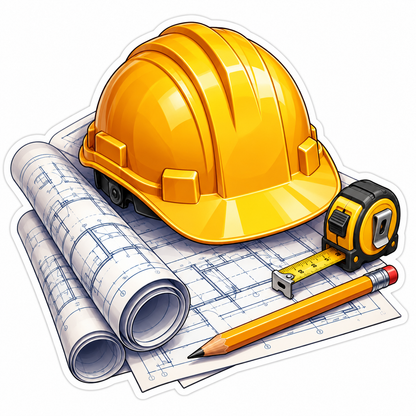 Yellow Hard Hat with Plans and Tape Art Vinyl Decal Stickers